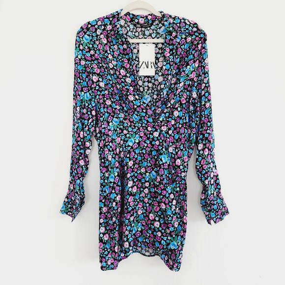 Zara Floral Print V-Neck Satin Effect Wrap Mini Dress Blue Pink Purple XS - Picture 3 of 7